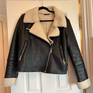 Blank NYC Faux Leather Black and Cream Shearling Aviator Biker Jacket